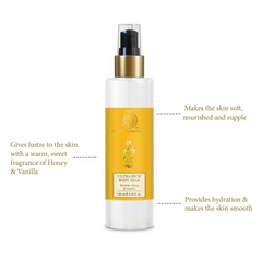 Body milk bottle with gold pump and amber label, front view