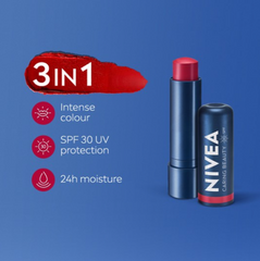 Nivea Caring Beauty SPF 30 lip & cheek tint balm, red smear and blue stick