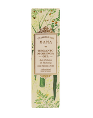 Organic moringa oil carton box with leaf pattern and label, green bottle graphic