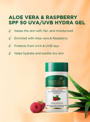Biotique hydra gel sunscreen bottle with green cap, aloe vera and raspberry graphics