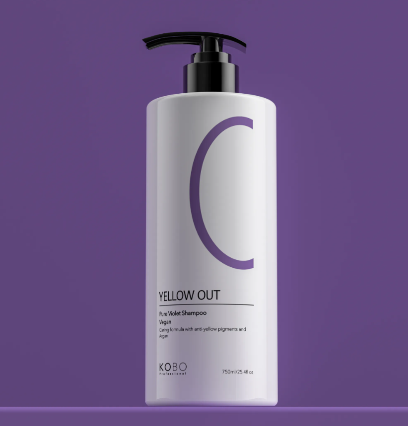 Yellow Out shampoo bottle with black pump, white plastic, purple KOBO label.