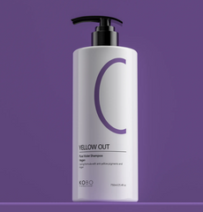 Yellow Out shampoo bottle with black pump, white plastic, purple KOBO label.