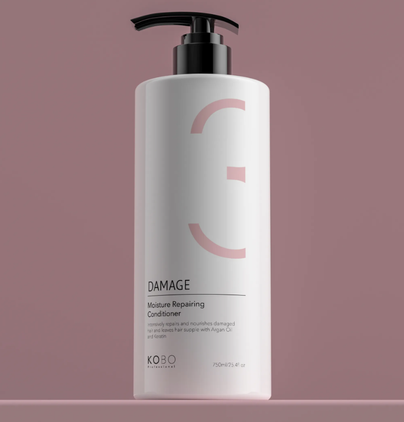 KOBO hair damage repair conditioner bottle with black pump, white label, 750 ml