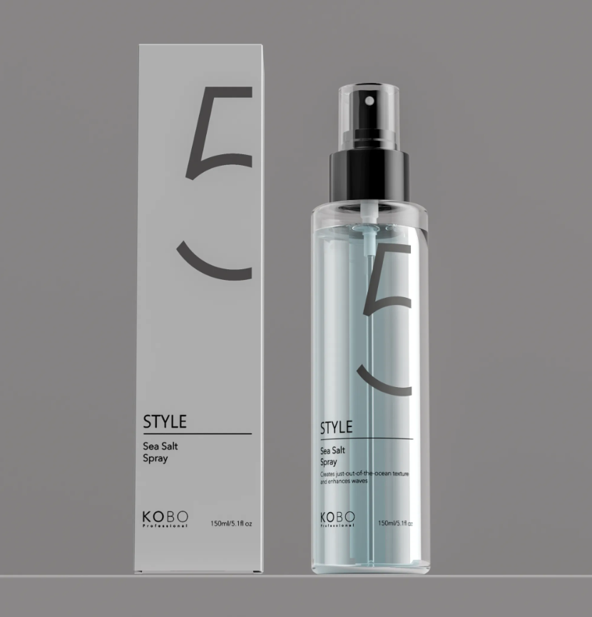 KOBO Style sea salt spray bottle, 150 ml, clear body with black pump and light-blue liquid