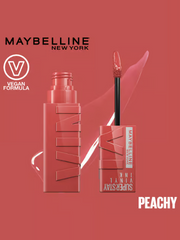 Peachy liquid lipstick tube and applicator with Vegan formula badge.