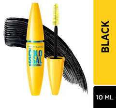 Waterproof mascara with yellow tube, applicator wand, and black mascara smear.