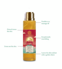 Body oil bottle with metallic cap and red label, with text callouts