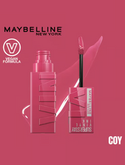 Pink Maybelline Vinyl Ink liquid lipstick and applicator tip, Coy