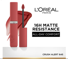 Matte liquid lipstick tube and applicator with L'Oreal Paris label, Crush Alert 645