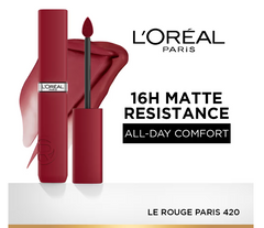 Liquid lipstick set with dark red tube, applicator brush, and 16H matte text