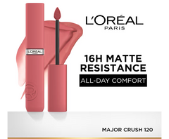 Rose-pink matte liquid lipstick with pointed applicator and bottle, 120 shade