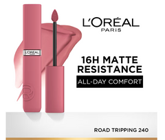 Rose-pink matte liquid lipstick tube with wand applicator tip and open bottle