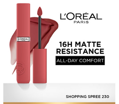 Matte liquid lipstick with applicator wand, rose-red shade and smeared lip