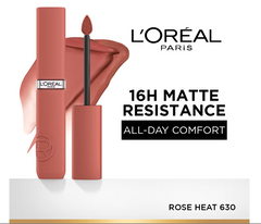L'Oreal Paris matte liquid lipstick for Rose Heat 630, open tube and applicator