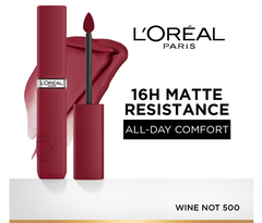 Wine-red liquid lipstick with capped applicator and tube, matte resistance look