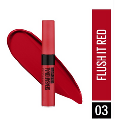 Liquid matte lipstick applicator with open tube, red '03 Flush It Red' label