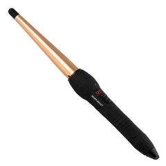 Rose gold curling iron barrel with black handle and heat controls