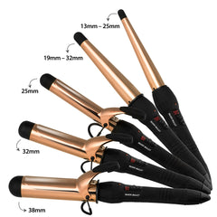 Multiple rose gold curling irons with black handles and different barrel diameters