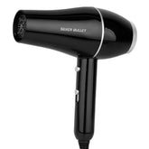Black hair dryer with silver accents and round nozzle grille
