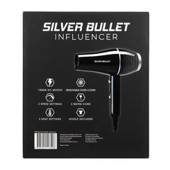 Hair dryer box back with feature icons and settings information