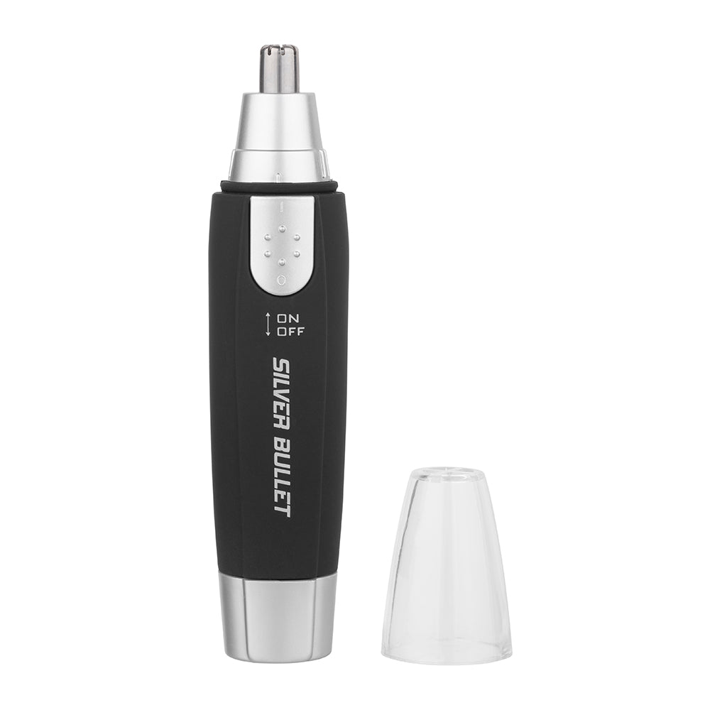Black nose and ear trimmer with silver head and protective cone guard