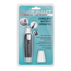 Cordless nose and ear trimmer kit box with device and white cone attachment