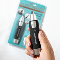 Handheld nose and ear trimmer, black body with silver tip and on/off switch