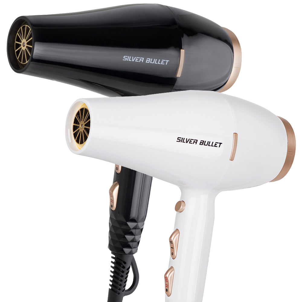 Black and white hair dryer with gold-toned accents and concentrator nozzle