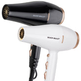 Black and white hair dryer with gold-toned accents and concentrator nozzle
