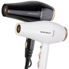Black and white hair dryer with gold-toned accents and concentrator nozzle