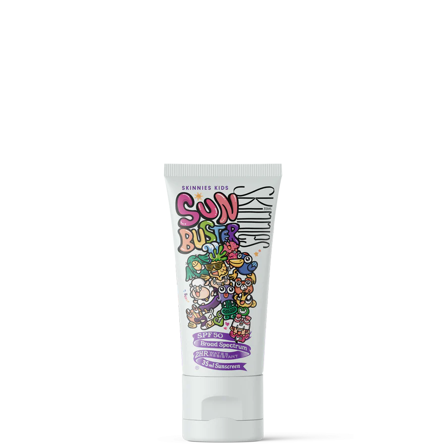 Kids Sun Buster SPF50 sunscreen tube, white with colorful cartoon graphics and flip cap