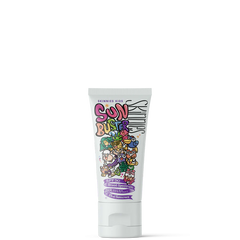 Kids Sun Buster SPF50 sunscreen tube, white with colorful cartoon graphics and flip cap