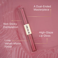Dual-ended dusty pink lip product tube with two doe-foot applicator ends.