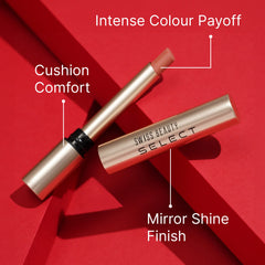 Metallic gold lipstick tubes with glossy bullets, one shown capped and one open