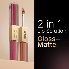 Dual-ended lip solution lipstick with two dusty pink applicators, shown in clear packaging.