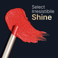 Red glitter lipstick bullet with metallic gold case and red swatch smear
