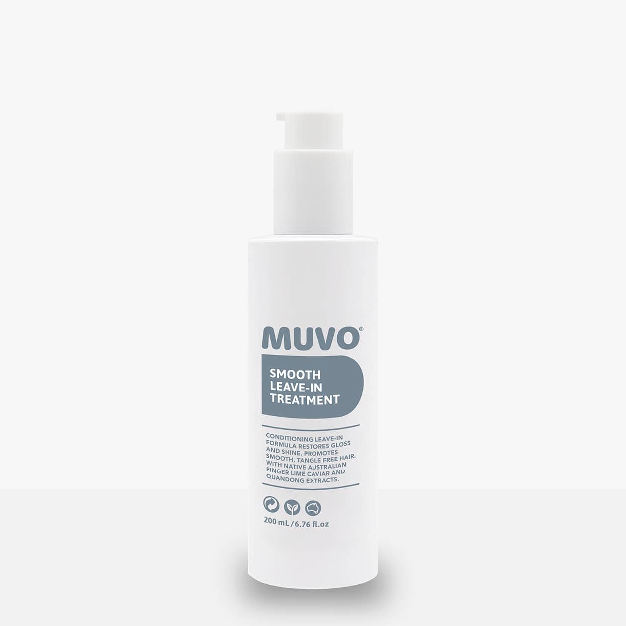 Muvo Smooth leave-in treatment bottle, white with blue label, 200 ml