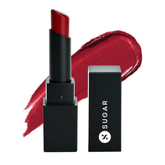 Longwear lipstick and case, red bullet with glossy red swatch.