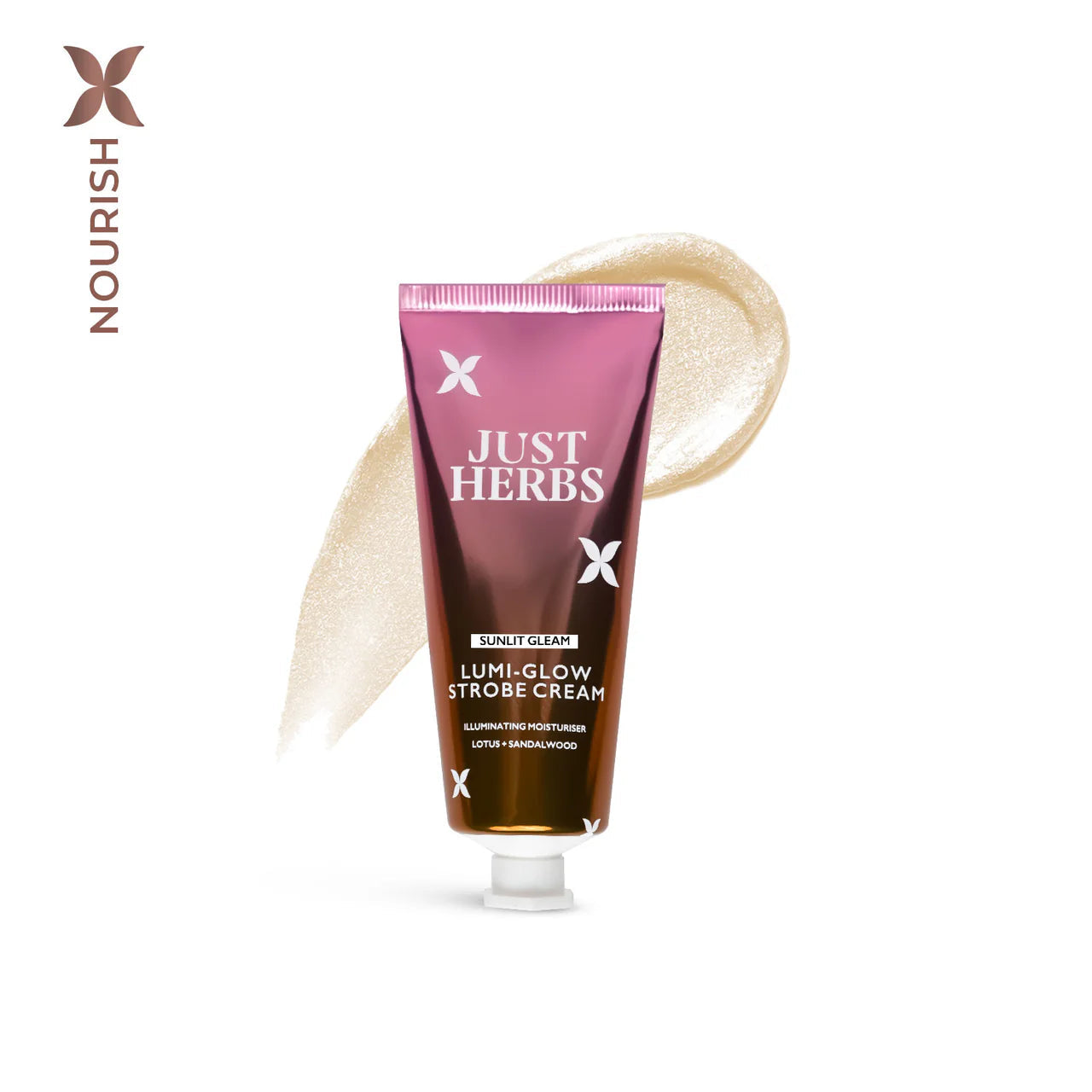 Lumi-Glow strobe cream tube with gold shimmer swirl, pink tube and white cap