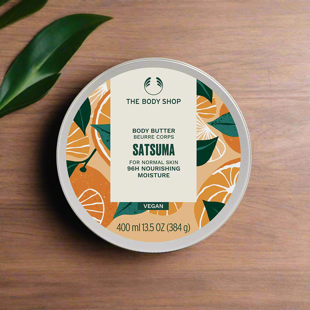 The Body Shop Satsuma body butter tub with lid, 400 ml size.