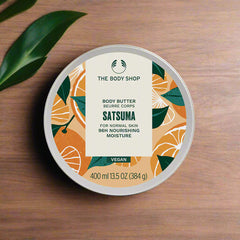 The Body Shop Satsuma body butter tub with lid, 400 ml size.