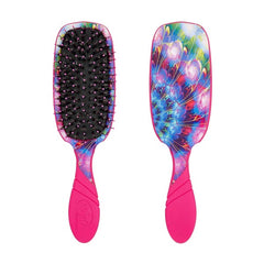Hair brush with dark bristles, purple-pink handle, colorful spiral head design.