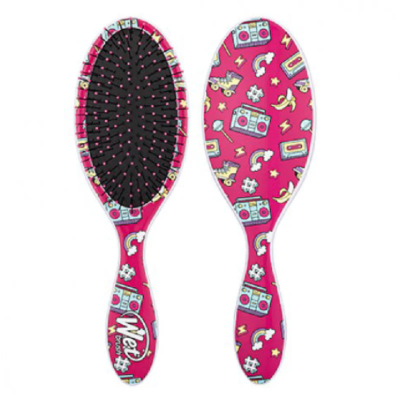 Novelty hair detangling brush with pink oval cushion and colorful themed print