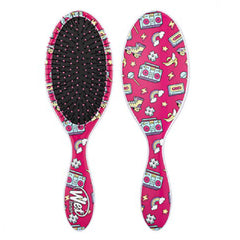 Novelty hair detangling brush with pink oval cushion and colorful themed print