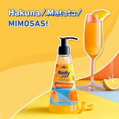Shower gel bottle with mimosa glass graphic and orange slice