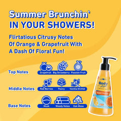 Shower gel bottle with fragrance notes graphic and pump dispenser