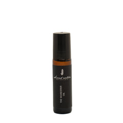 Perfume oil bottle, black with amber band and black cap, 10 ml