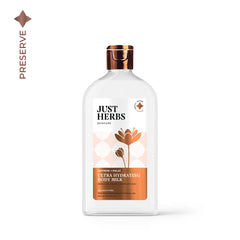 Just Herbs body milk bottle, white with copper cap