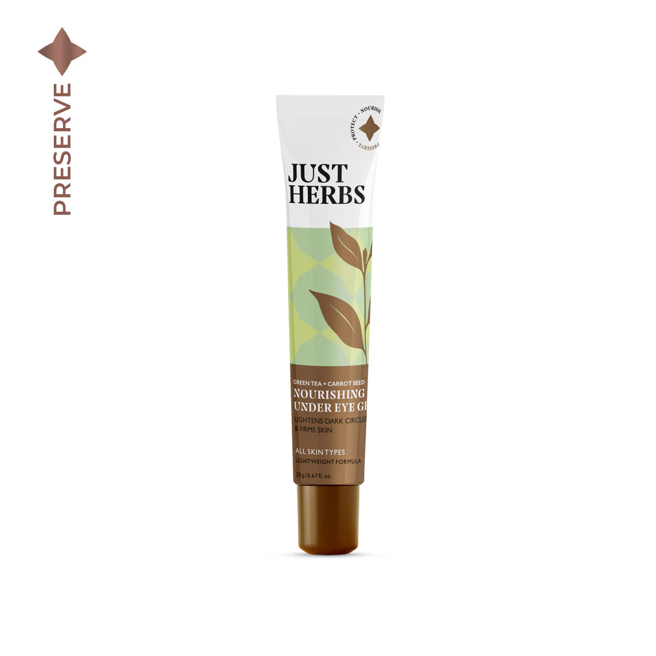 Nourishing under-eye gel tube in brown and green with leaf graphics