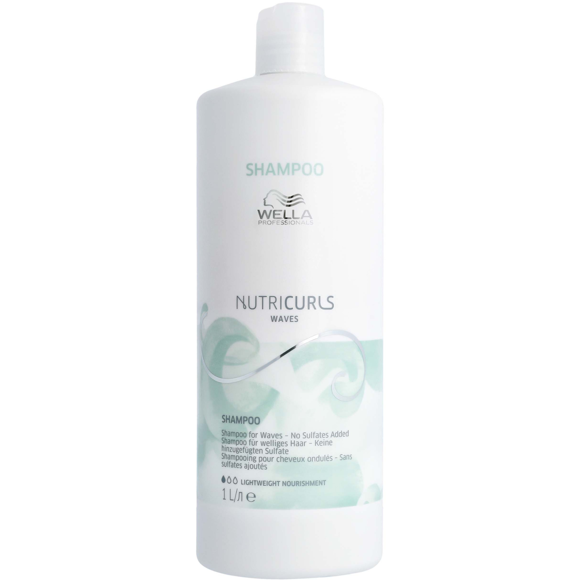 White Wella Professionals Nutricurls shampoo bottle, 1L with SHAMPOO label